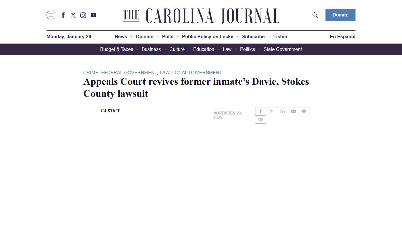 Appeals Court revives former inmate’s Davie, Stokes County lawsuit